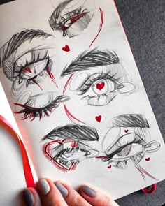 someone is holding a pencil and drawing on paper with their eyes drawn in different ways