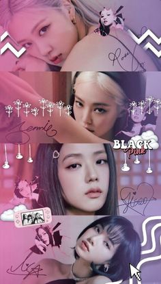 the korean girl group blackpink is shown in this graphic art work, which includes three