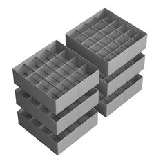 three stacks of gray plastic containers on a white background