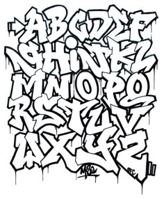 graffiti alphabets and numbers are drawn in black ink on white paper with spray paint