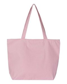 a pink canvas tote bag on a white background with the handles down and one side open