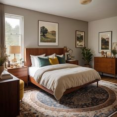 a bedroom with a bed, dressers and pictures on the wall