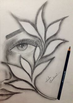 a pencil drawing of a woman's face with leaves on it