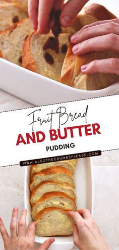 hands grabbing bread from a baking dish with text overlay that reads fun bread and butter pudding