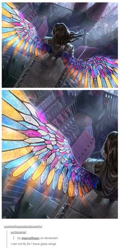 two pictures of an angel with colorful wings in the air, one is looking down at another