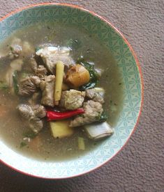 a bowl filled with meat and vegetables on top of a carpeted floor next to a wall