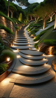 an outdoor garden with steps lit up at night, and trees in the back ground