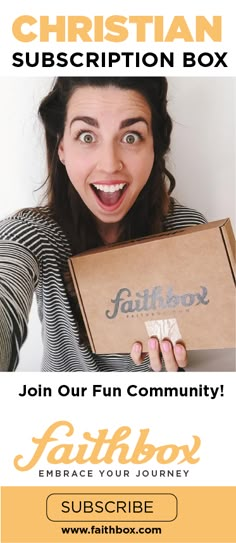 a woman holding up a box with the words faithbox written on it and an image of