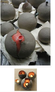 several different types of clay with candles in them and pictures of the same type of clay