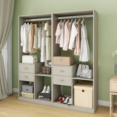 an open closet with clothes and shoes on it