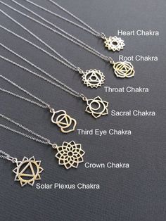 "All Sterling Silver Necklace. *Chakra Charm measures approx. 22mm x 10mm (0.87\" x 0.4\") The 7 Chakras are the energy centers in our body in which energy flows through. Blocked energy in our 7 Chakras can often lead to illness so it's important to understand what each Chakra represents and what we can do to keep this energy flowing freely. 1. Root Chakra - Represents our foundation and feeling of being grounded. 2. Sacral Chakra - Our connection and ability to accept others and new experiences Spirtual Necklaces, Chakra Necklace Crystals, Etsy Necklace, Necklace Spiritual, Sterling Silver Charm Necklace, Spiritual Necklace, Silver Charm Necklace, Necklace Charms, Chakra Necklace