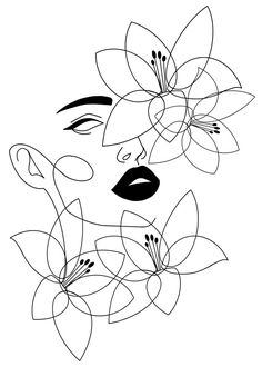 a black and white drawing of a woman's face with flowers in her hair