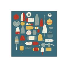 an art print with different types of objects on the blue background, including knives and other items