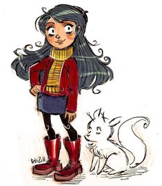 a drawing of a girl with long hair and boots next to a cat on the ground