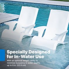 two white chairs sitting on top of a swimming pool