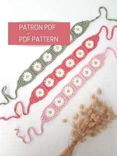 three crocheted flower patterns with the text patron pdf pattern next to it