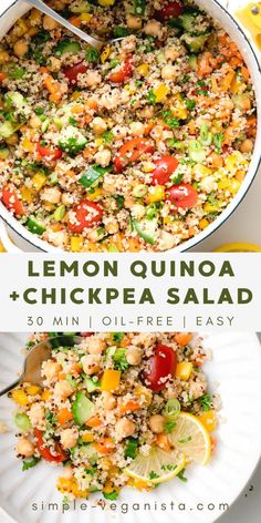 lemon quinoa and chickpea salad in a white bowl