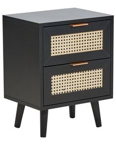 a black and gold nightstand with two drawers on one side, the other is open