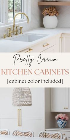 the kitchen cabinets are painted white with gold accents and pink flowers in vases on top