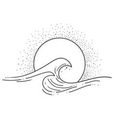 a black and white drawing of a wave in the ocean with sun rising behind it