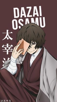 an anime character is sitting down with his hand on his face and the words dazai osamu above him