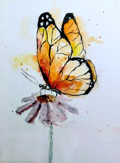 a watercolor painting of a butterfly sitting on top of a flower