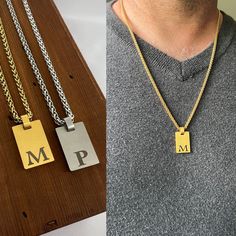 * Material: Stainless steel * Plating: 14K gold for the gold one, natural stainless color for silver * Pendant Finish: Brushed or Mirror polished * Chain: 3mm wheat chain * Colors: Silver, gold  * Nickel free, hypoallergenic! * Safe to wear while showering or at the gym! * Perfect size for a young man! * Custom Engravable Necklace and Pendant!  * Perfect Father's Day or Christmas gift! This stylish, rectangular necklace is a great gift for a dad, husband or son! The size is suitable for a kids/b Mens Dog Tag Necklace, Engravable Necklace, Boys Necklace, Gift Envelope, Man And Dog, Square Pendant, Birthday Gift For Him, Engraved Necklace, Secret Santa Gifts