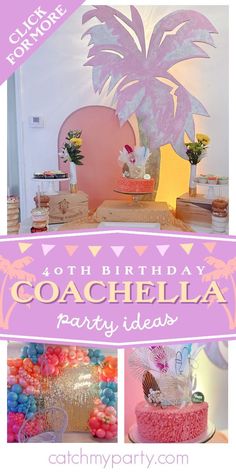 a collage of photos with the words coachella party ideas in pink and purple