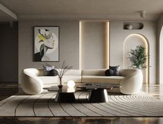 an elegant living room with modern furniture and art