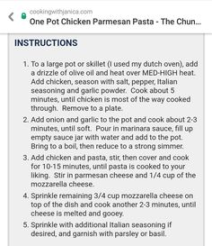 the instructions for how to make chicken parmesan pasta