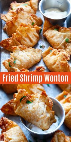 fried shrimp wontons on a tray with dipping sauce in the middle and another image above