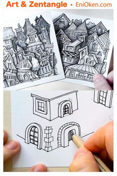 someone is drawing houses on paper with pencils