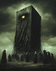 a group of people standing in front of a giant structure with a glowing eye on it