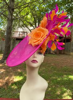 Hot Pink W Orange Sinamay Disc Fascinator Hat With Jumbo Silk | Etsy Pink Party Hat With Flat Brim, Pink Flat Brim Party Hat, Elegant Handmade Pink Hat, Handmade Pink Headpieces For Spring, Pink High Crown Costume Hat For Party, Fedora Fascinator For Garden Party And Royal Ascot, Handmade Pink Fascinator For Party, Fedora Fascinator For Garden Party At Royal Ascot, Pink Headpieces For Kentucky Derby Races