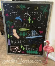 a chalkboard with writing on it and a pink flamingo standing next to it