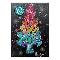 a card with an image of a bouquet of flowers and the words happy new year on it