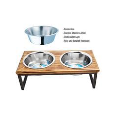 two stainless steel bowls on a wooden table with the words, double bowl and elevated tray below it