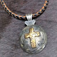 Sterling silver cross concho on a braided leather necklace. Sterling Silver Cross, Silver Cross, Braided Leather, Leather Necklace