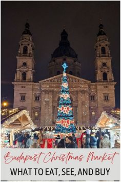 a christmas tree in front of a church with text overlay that reads budapest christmas market what to eat, see and buy