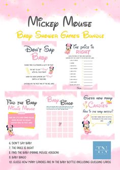 the mickey mouse baby shower games bundle is shown in pink and yellow with gold stars