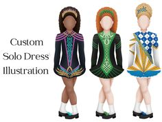 three female mannequins with the words custom, solo dress illustration on them