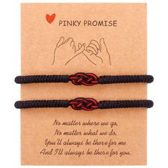 two black and red braided bracelets with pinky promise written on them