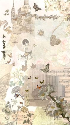 an artistic collage with flowers, butterflies and music notes on the bottom half of it