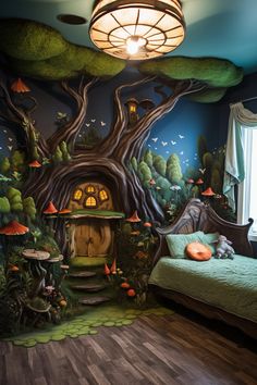 a bedroom with a tree house mural on the wall