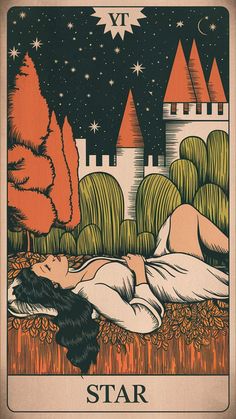 a tarot card with a woman laying on the ground in front of trees and stars