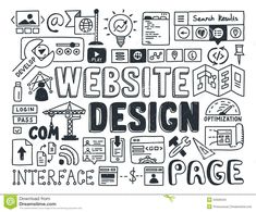 the word website design surrounded by doodles and other hand drawn elements on white paper