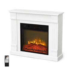 an electric fireplace with a remote control