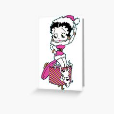 a cartoon girl in pink and white outfit holding a dog on her lap greeting card