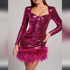 Small/Medium Only Worn Once Still Has Tags Never Tried On, I Ordered Blue And Pink Both S/M Still In A Box Sold Out Online This Size Is Not Available Online. Cup Corset, Mini Sequin Dress, Nadine Merabi, Look Rose, Long Sleeve Sequin Dress, Corset Bustier, Feather Trim, Long Sleeve Sequin, Feather Dress