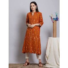 Rust Cotton Ikat Kurta Dhoti Pants, A Line Kurta, Silver Buttons, Bags Accessories, Online Accessories, White Cotton, Loom, Rust